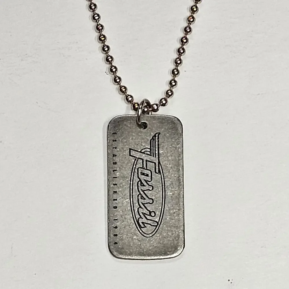 Fossil Established 1984 Dog Tag Necklace Silvertone Bead Ball Chain 25in